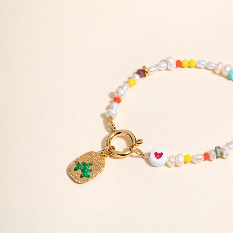Bracelet HOP, perles multicolores, amulette dorée 24K, broderie en cordon ciré