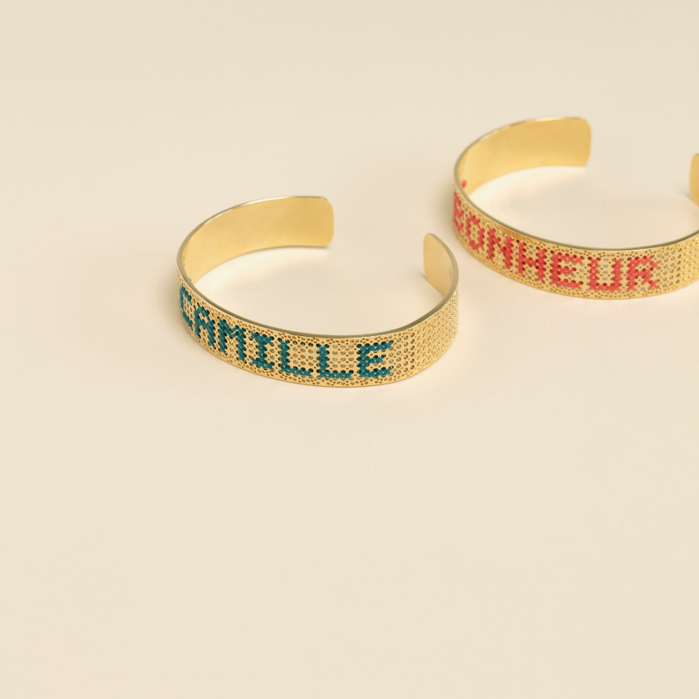 Bracelet Mio, doré 24K, brodé de fils de coton, bracelet à message